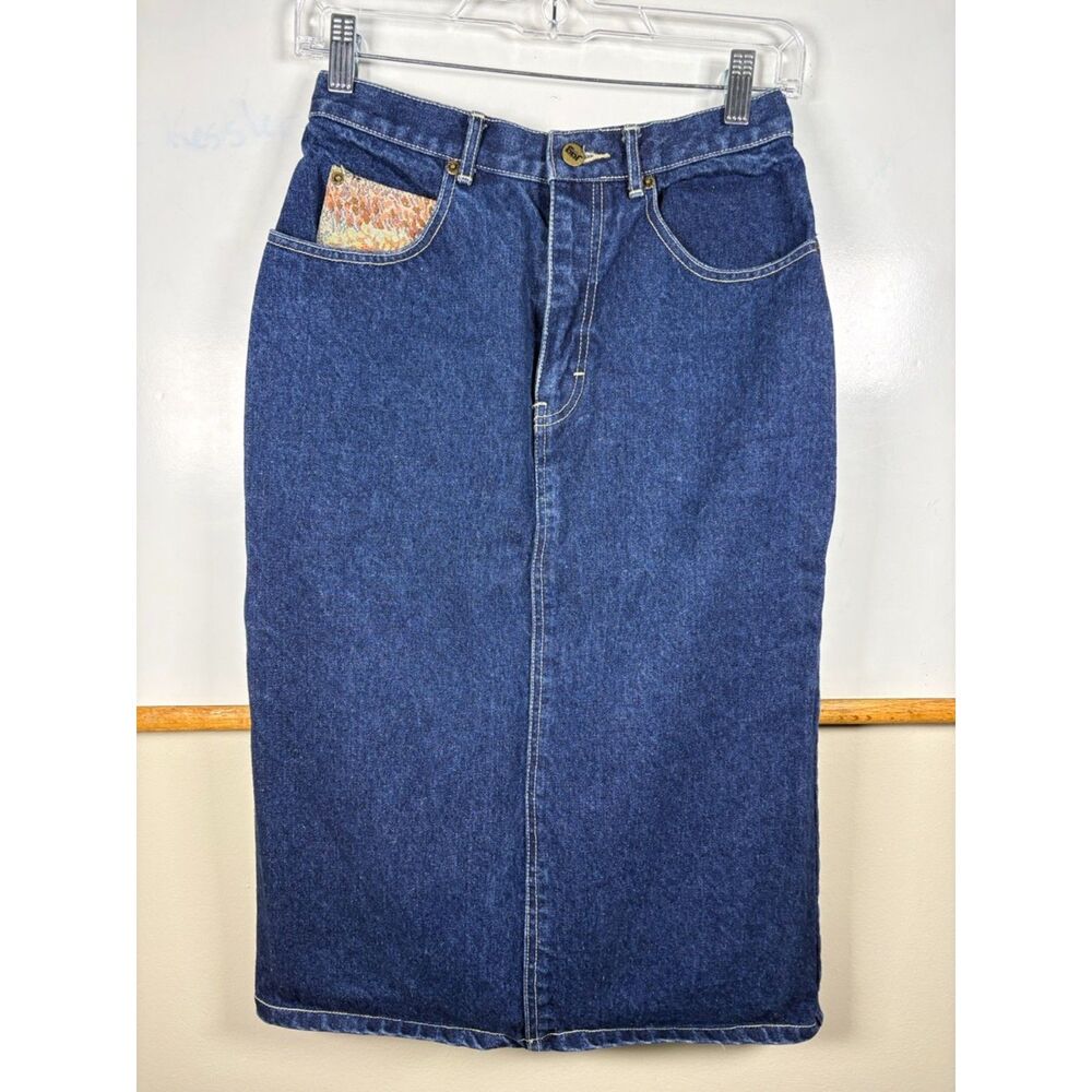 Vintage 80s JAG Dark Wash Denim Pencil Skirt w/ Floral Tapestry Yoke, Size 6